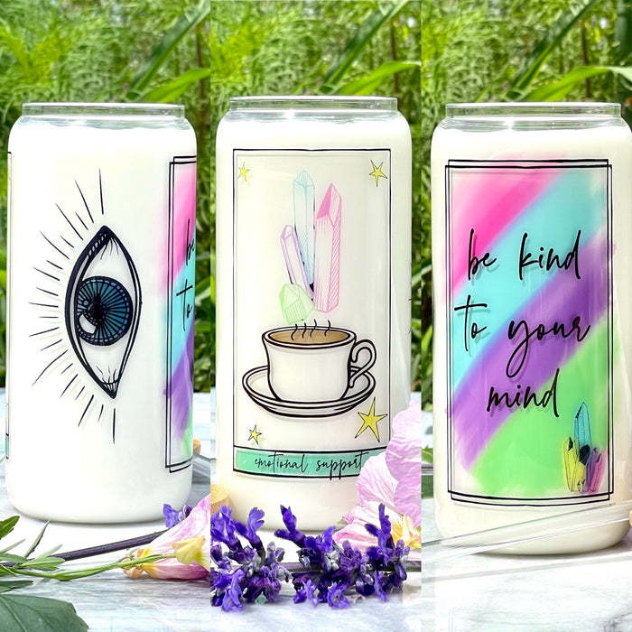 Coffee Tarot- Be Kind To Your Mind 20 oz Beer Can Glass with Bamboo Lid and Reusable Straw